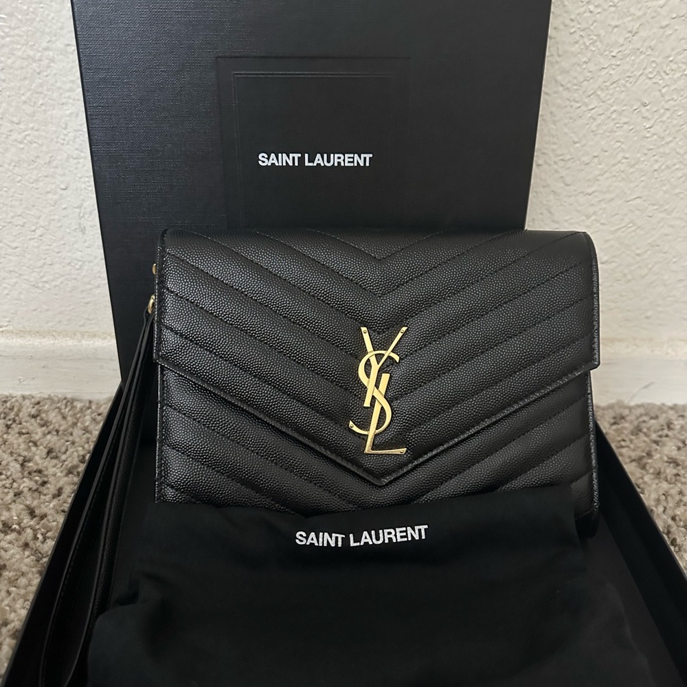 Yves Saint Laurent Black Chevron Clutch with Gold Logo